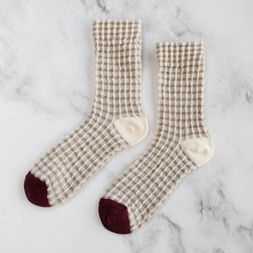 Fair Weather Crew Socks - Cream/Burgundy