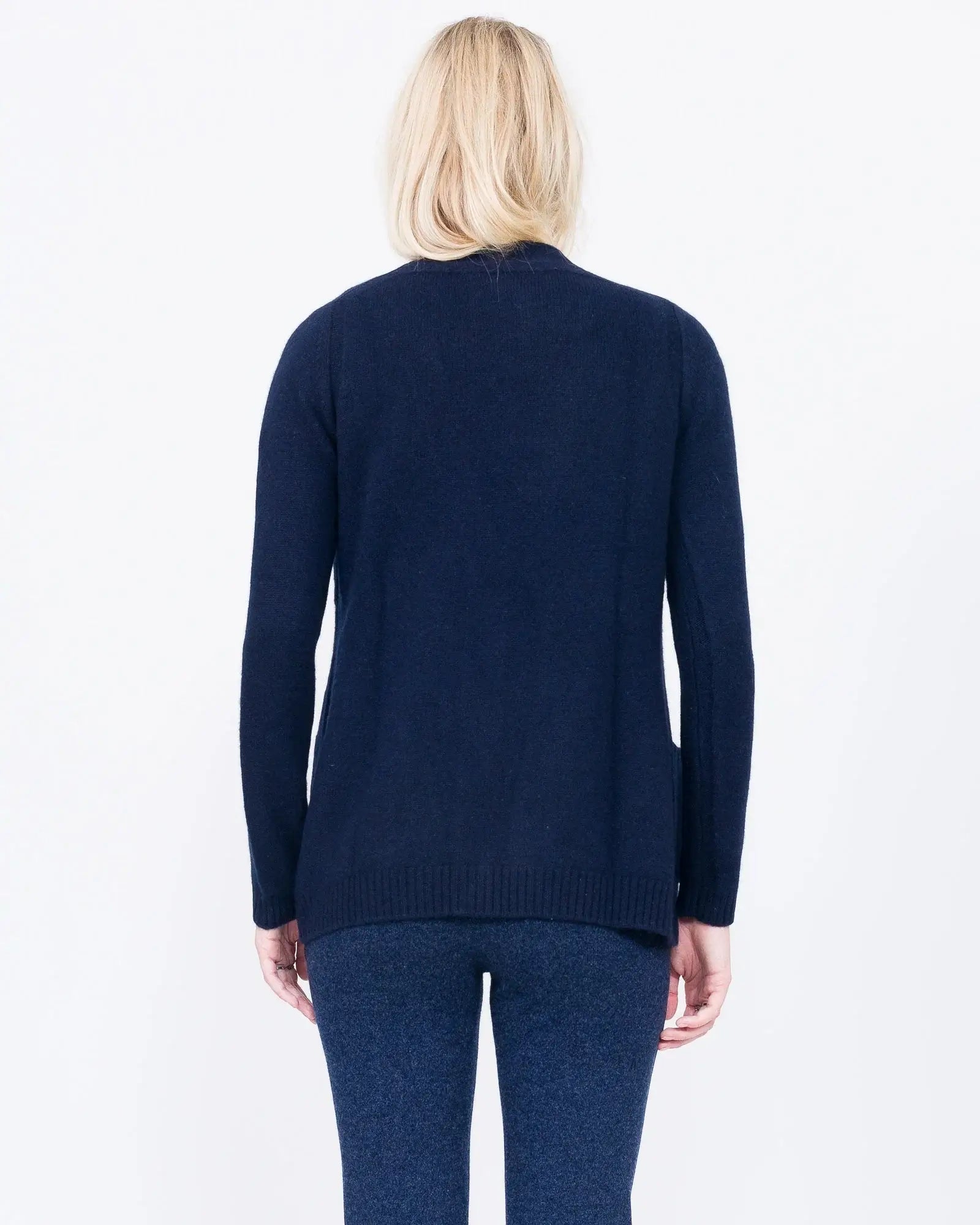 QUINN Yuna Cashmere Boyfriend Cardigan in Navy Blue - Back