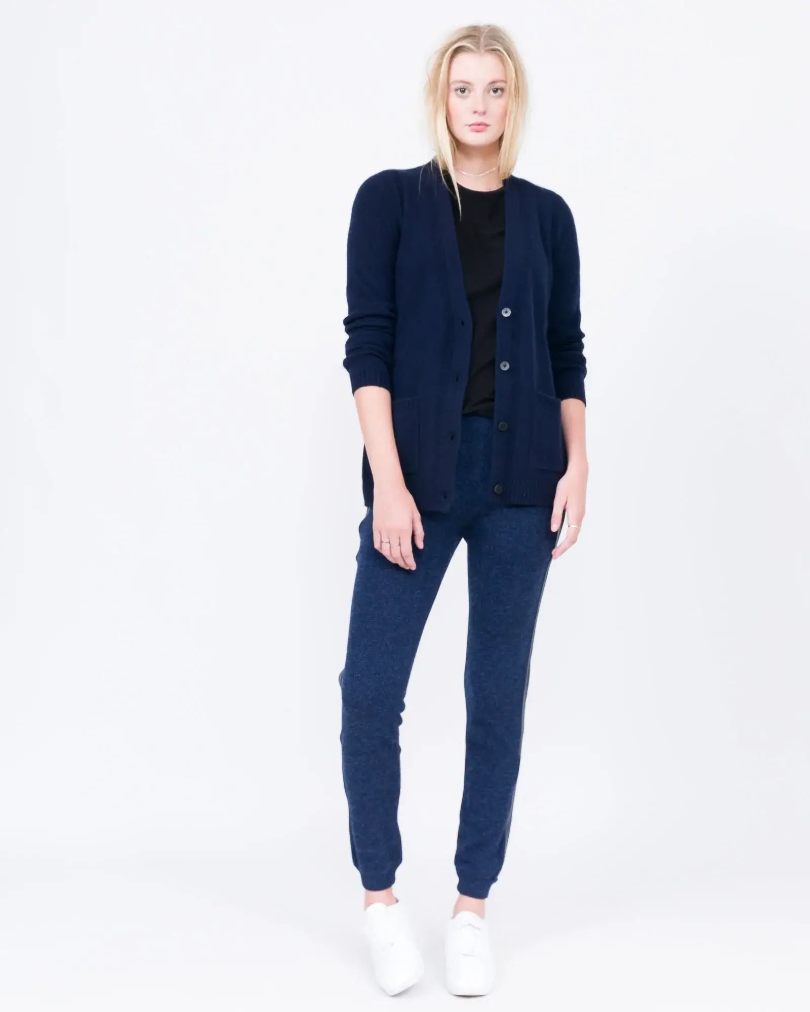 QUINN Yuna Cashmere Boyfriend Cardigan in Navy Blue - Tall