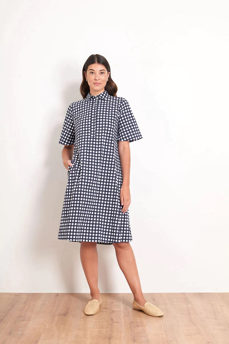 Foil Full Swing Trapeze Navy Checker Dress