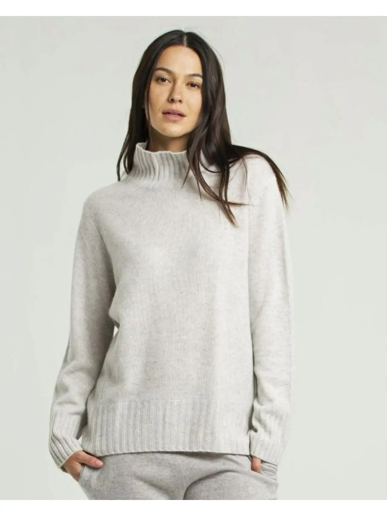 Quinn Hi Low Mock Neck Grey Cashmere Sweater