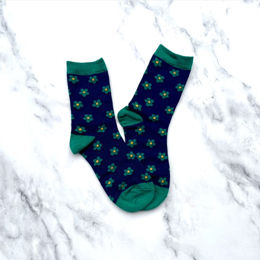 Tiepology Vintage Daisy Flower Socks  Navy Green