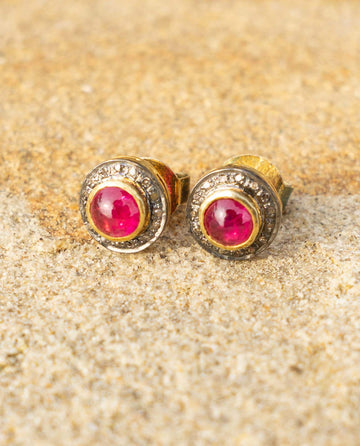 Ruby Cabochon Diamond Round Studs