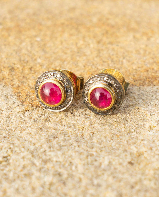 Ruby Cabochon Diamond Round Studs