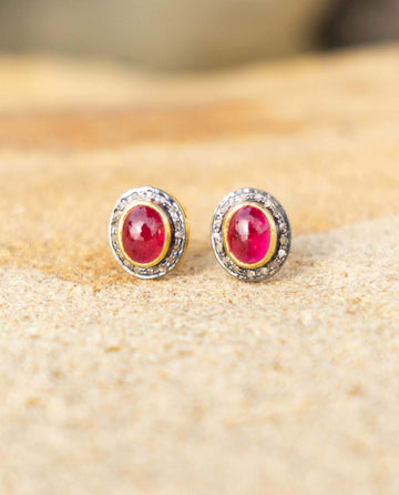 Ruby Cabochon Diamond Oval Studs